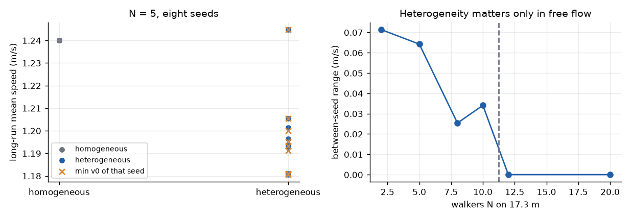 Long-run mean speeds for eight seeds, homogeneous and heterogeneous (left); between-seed range against N (right).